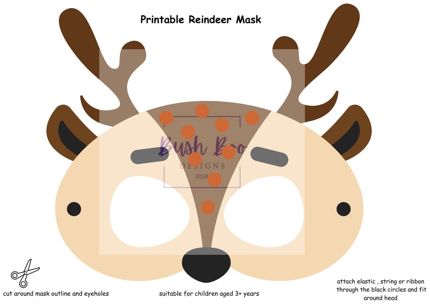 Reindeer Mask Printable Children's Rudolph Mask Printable Animal Kids Craft DIY Party Mask Paper Craft INSTANT PDF download - no sew mask