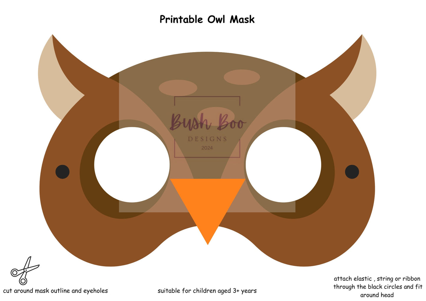 Owl Mask Printable Children's Owl Mask Printable Bird Kids Craft DIY Party Mask Brown Owl Paper Craft INSTANT PDF download - no sew mask