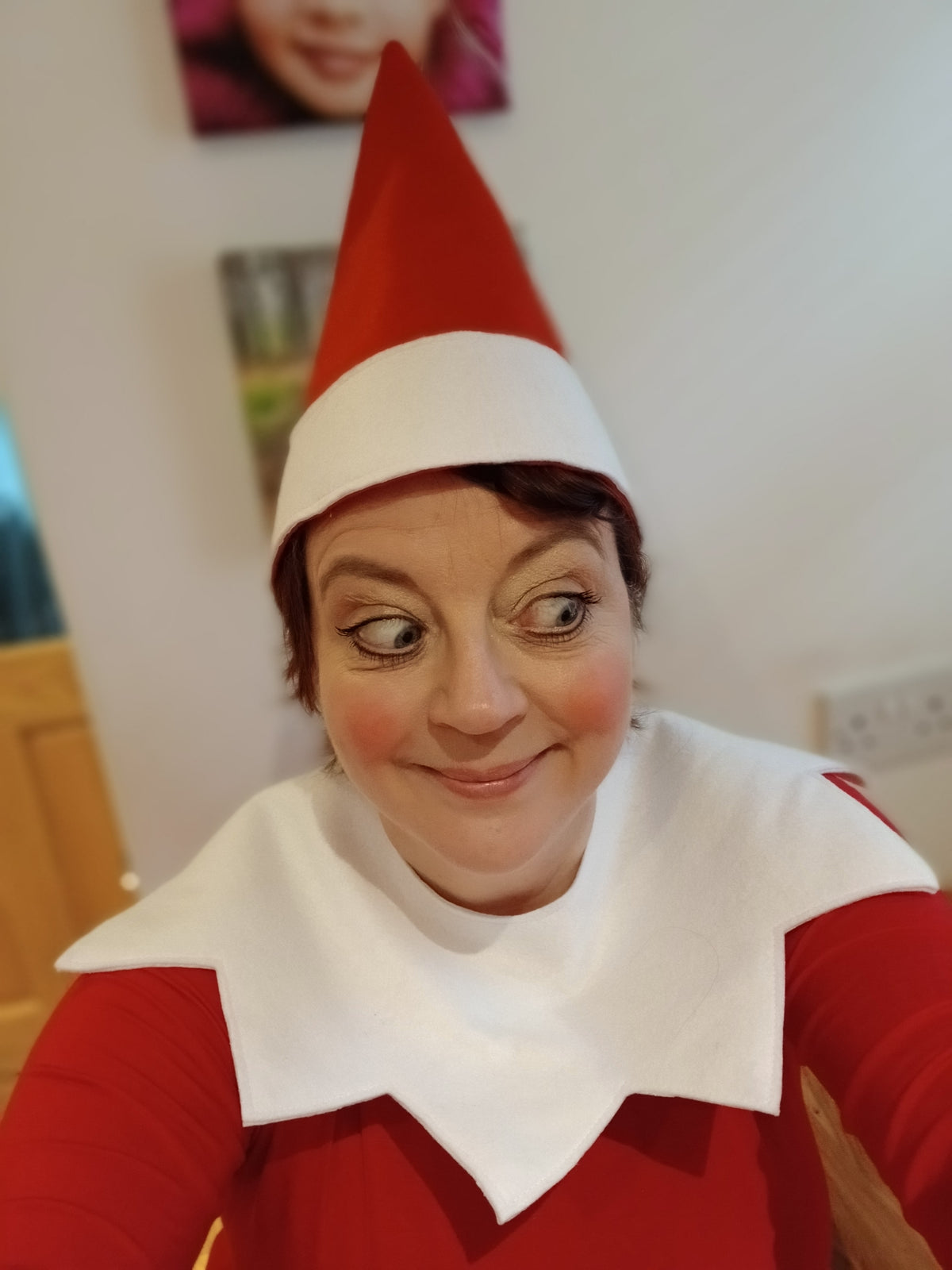Adult Red Elf Hat & White Collar Set : Christmas theatre , Fancy Dress Naughty Elf