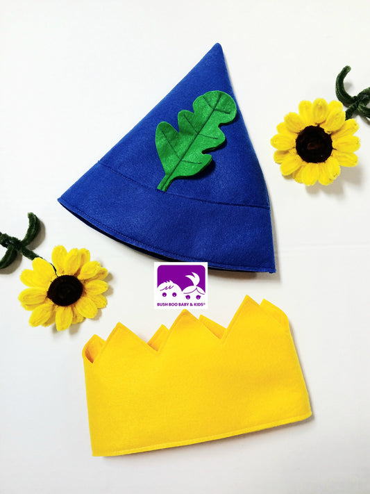 Handmade Blue Felt Elf Hat and Yellow Felt Crown for a Fairy Kingdom costume