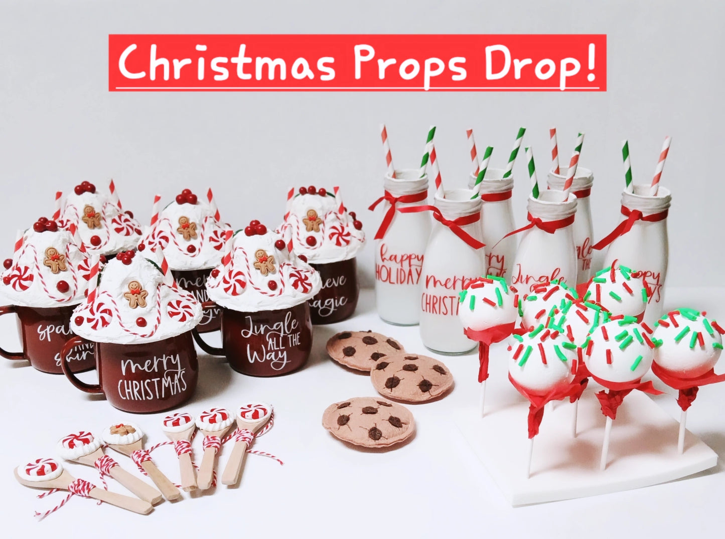 Christmas Kitchen Fake Props , Hot Cocoa Mugs , Milk Bottles , Felt Cookies & Cakepops - for use in photography
