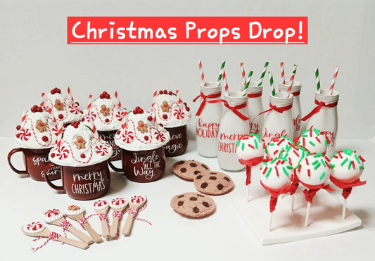 Christmas Kitchen Fake Props , Hot Cocoa Mugs , Milk Bottles , Felt Cookies & Cakepops - for use in photography