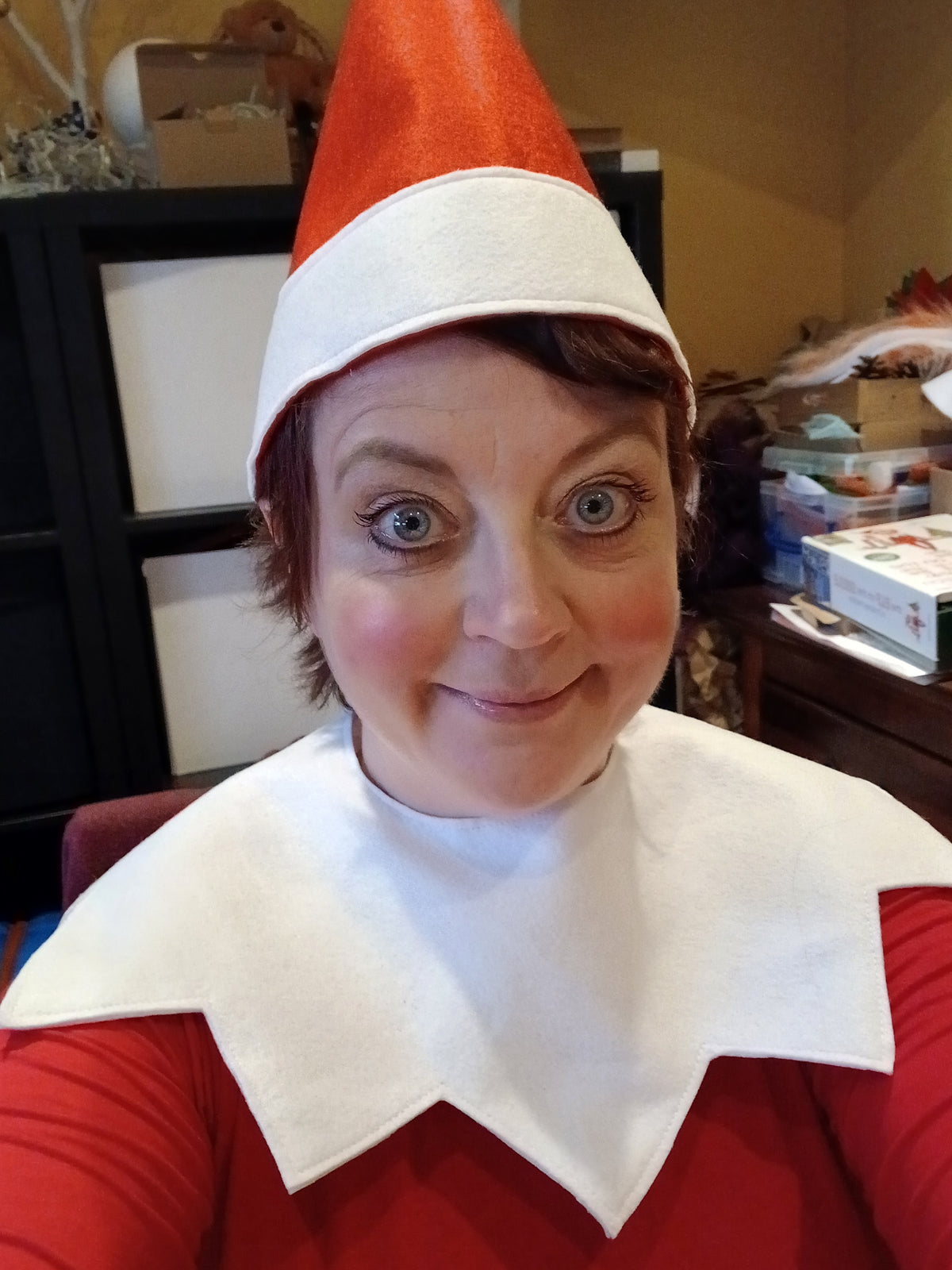 Adult Red Elf Hat & White Collar Set : Christmas theatre , Fancy Dress Naughty Elf