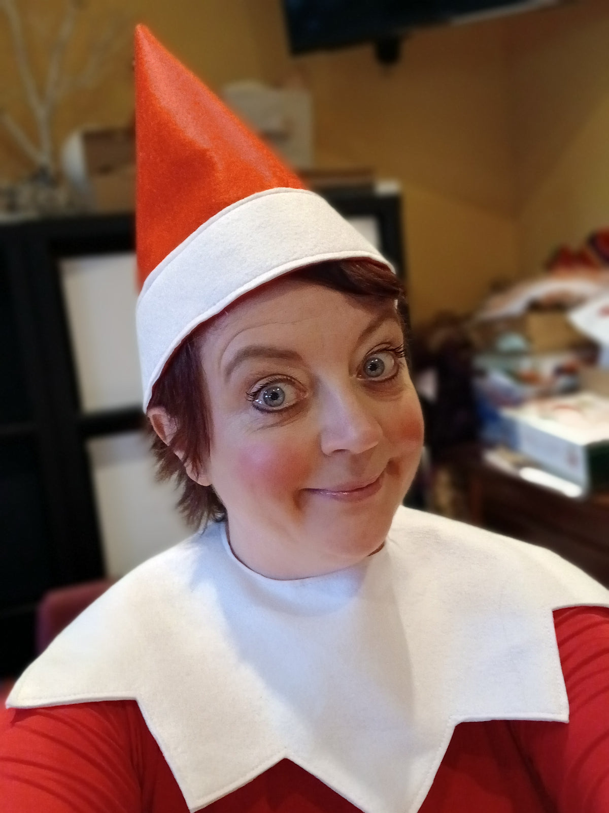 Adult Red Elf Hat & White Collar Set : Christmas theatre , Fancy Dress Naughty Elf