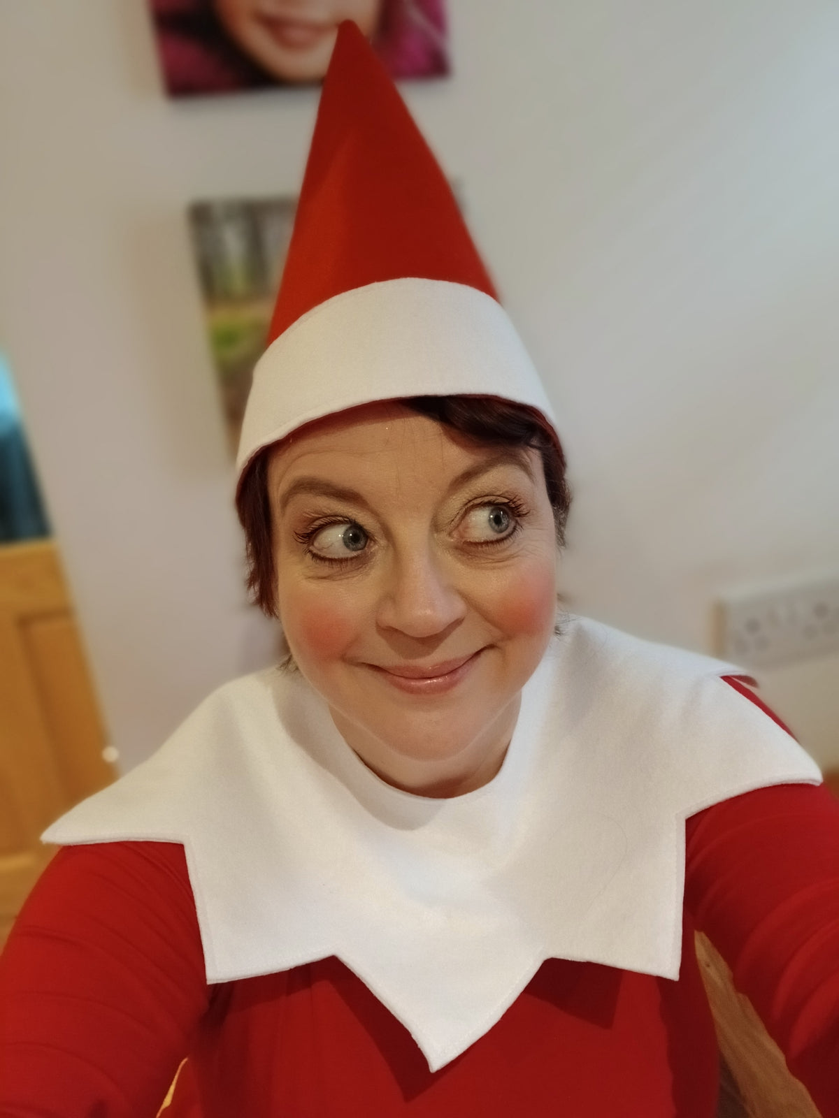 Adult Red Elf Hat & White Collar Set : Christmas theatre , Fancy Dress Naughty Elf